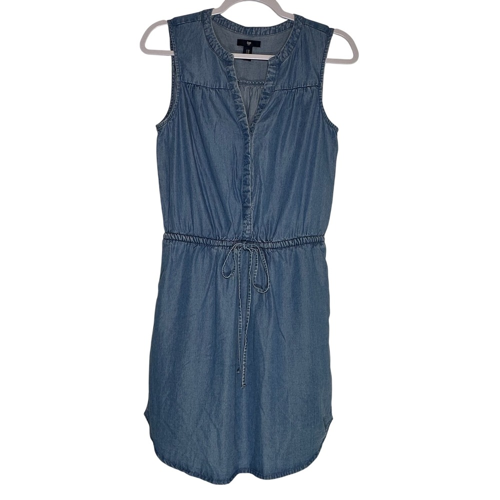 Gap‎ Womens Blue Lyocell Chambray Sleeveless Drawstring Waist Shirt Dress XS